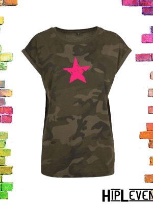 Camouflage print plussize dames t-shirt met fuchsia roze ster