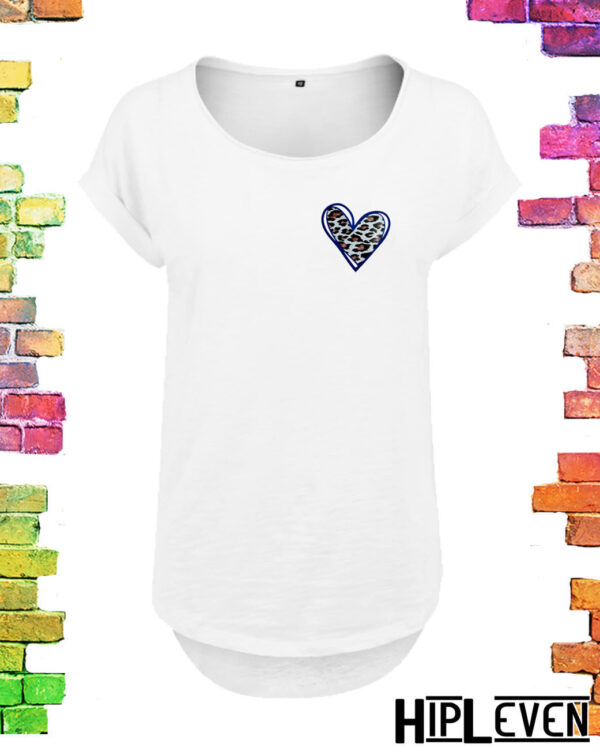Geweldig wit Plussize dames t-shirt met lange rug Panter hartje blauw | Wit maat S/34 tm 5XL/54
