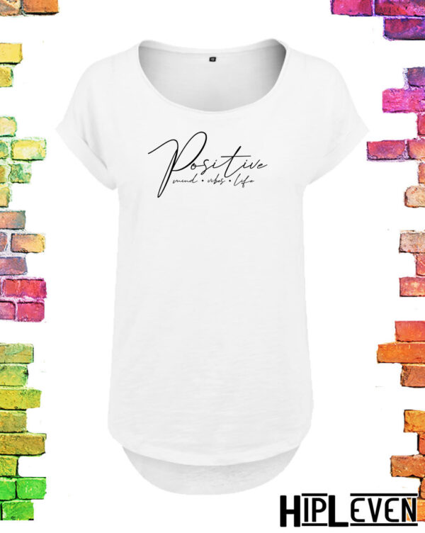 Wit Plussize dames t-shirt met lange rug "Positive" | Wit