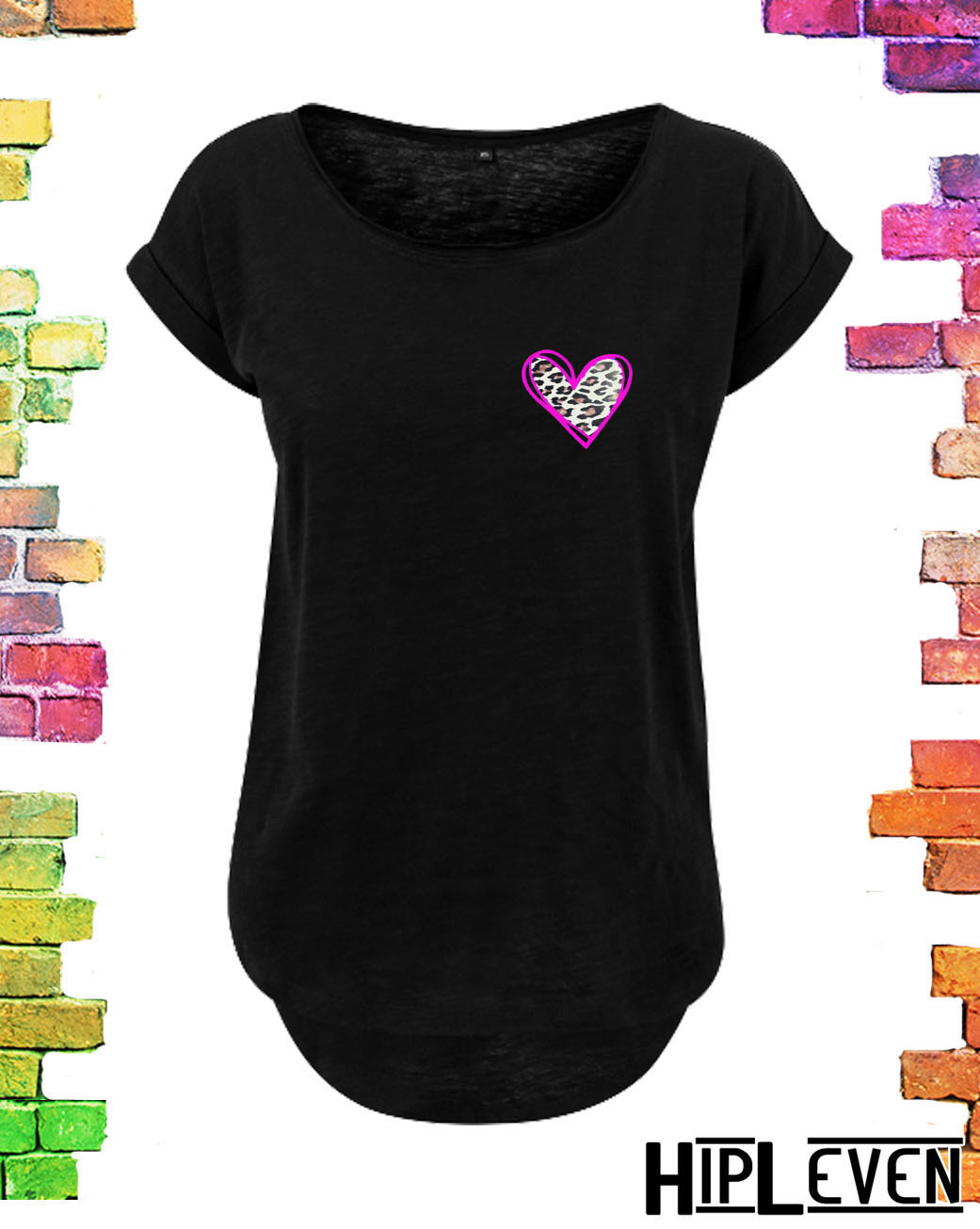 Zwart Plussize dames t-shirt met lange rug Panter hartje roze