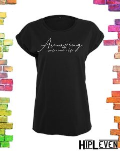 Stoer zwart Plussize dames t-shirt "Amazing" | maat S/34 tm 5XL/54